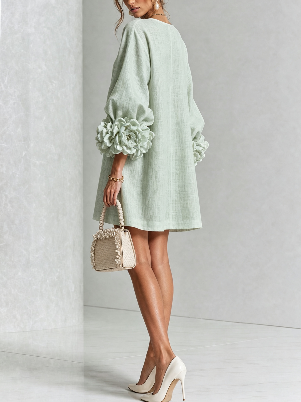 Long sleeve mini dress with balloon sleeves, rosette cuffs and floral buttons - view 33