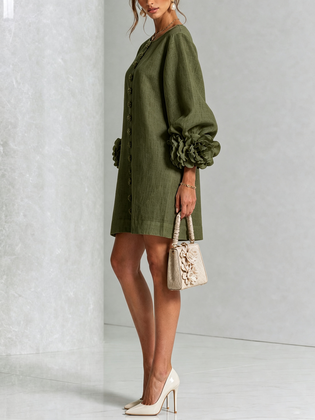 Long sleeve mini dress with balloon sleeves, rosette cuffs and floral buttons - view 8