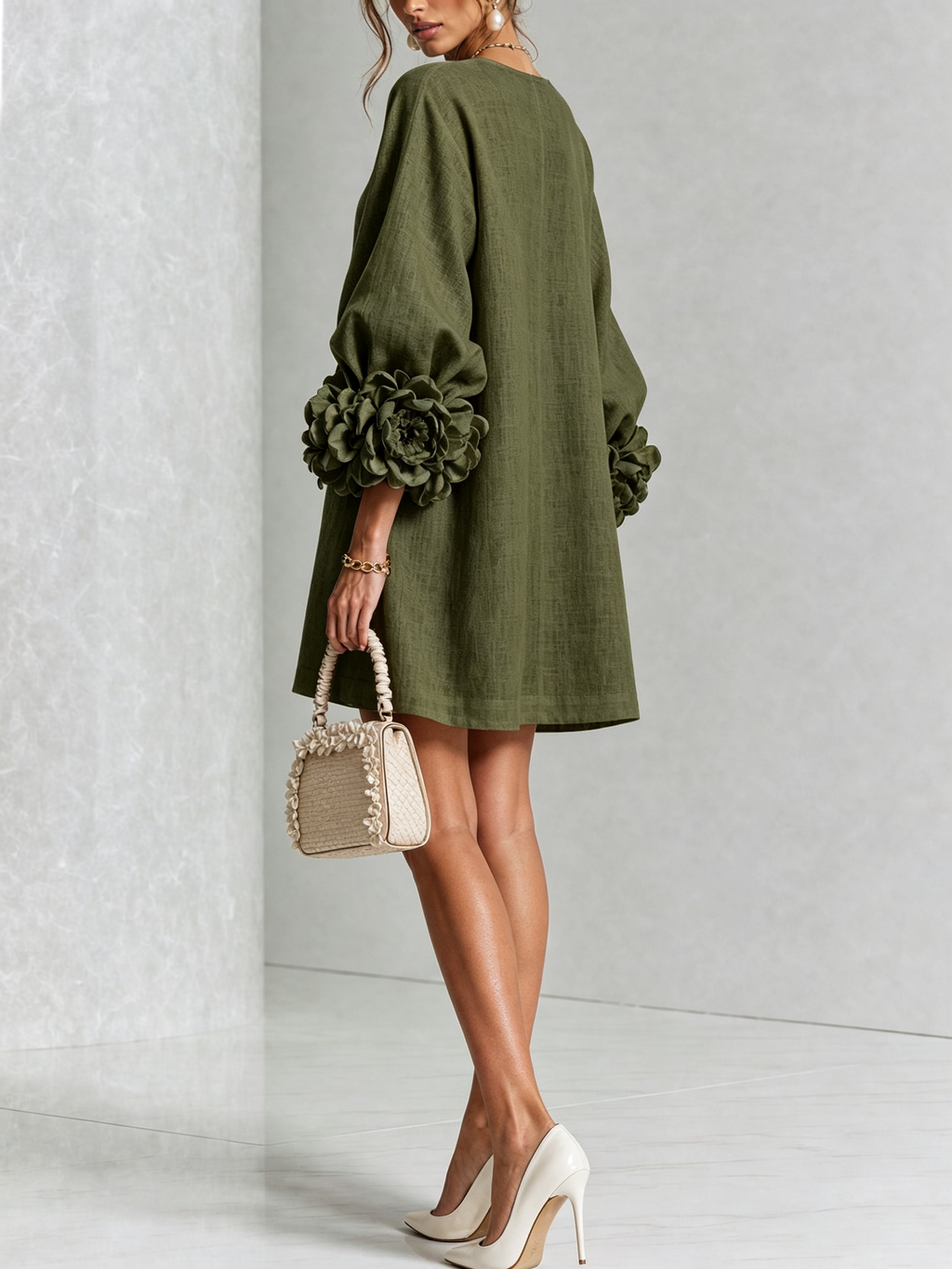 Long sleeve mini dress with balloon sleeves, rosette cuffs and floral buttons - view 9