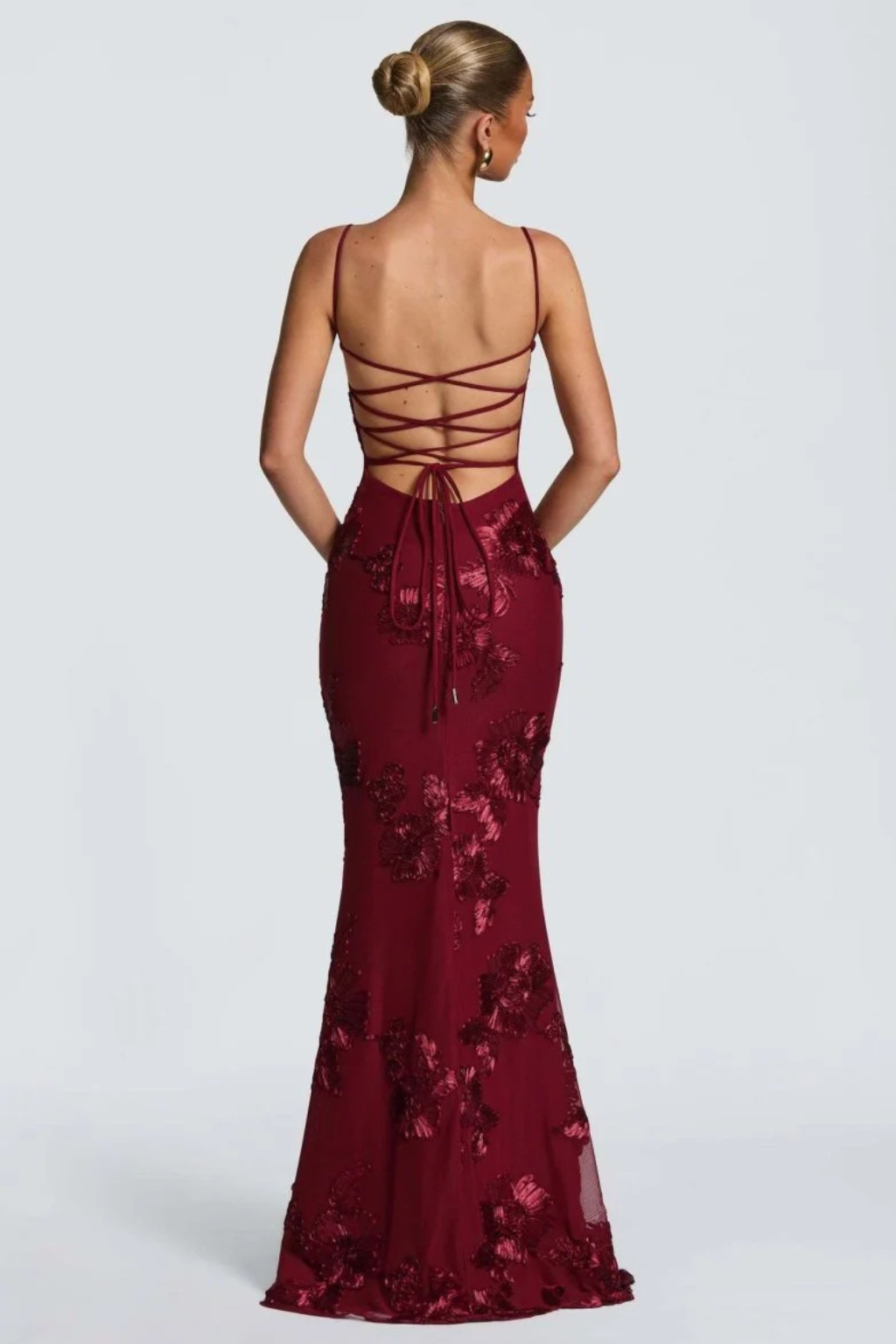 Floral embroidered corset maxi dress with spaghetti straps and lace-up open back - view 19