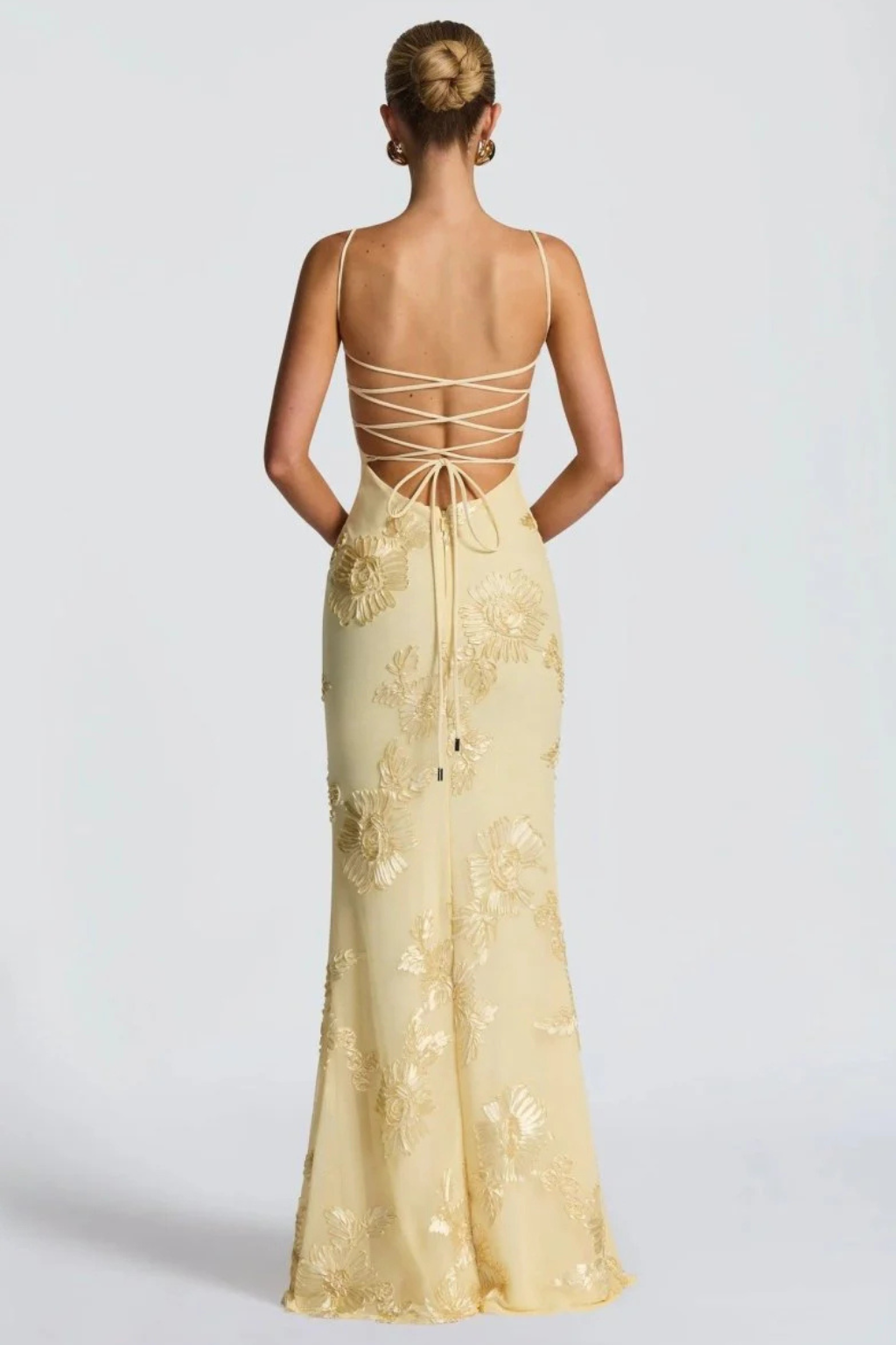 Floral embroidered corset maxi dress with spaghetti straps and lace-up open back - view 4