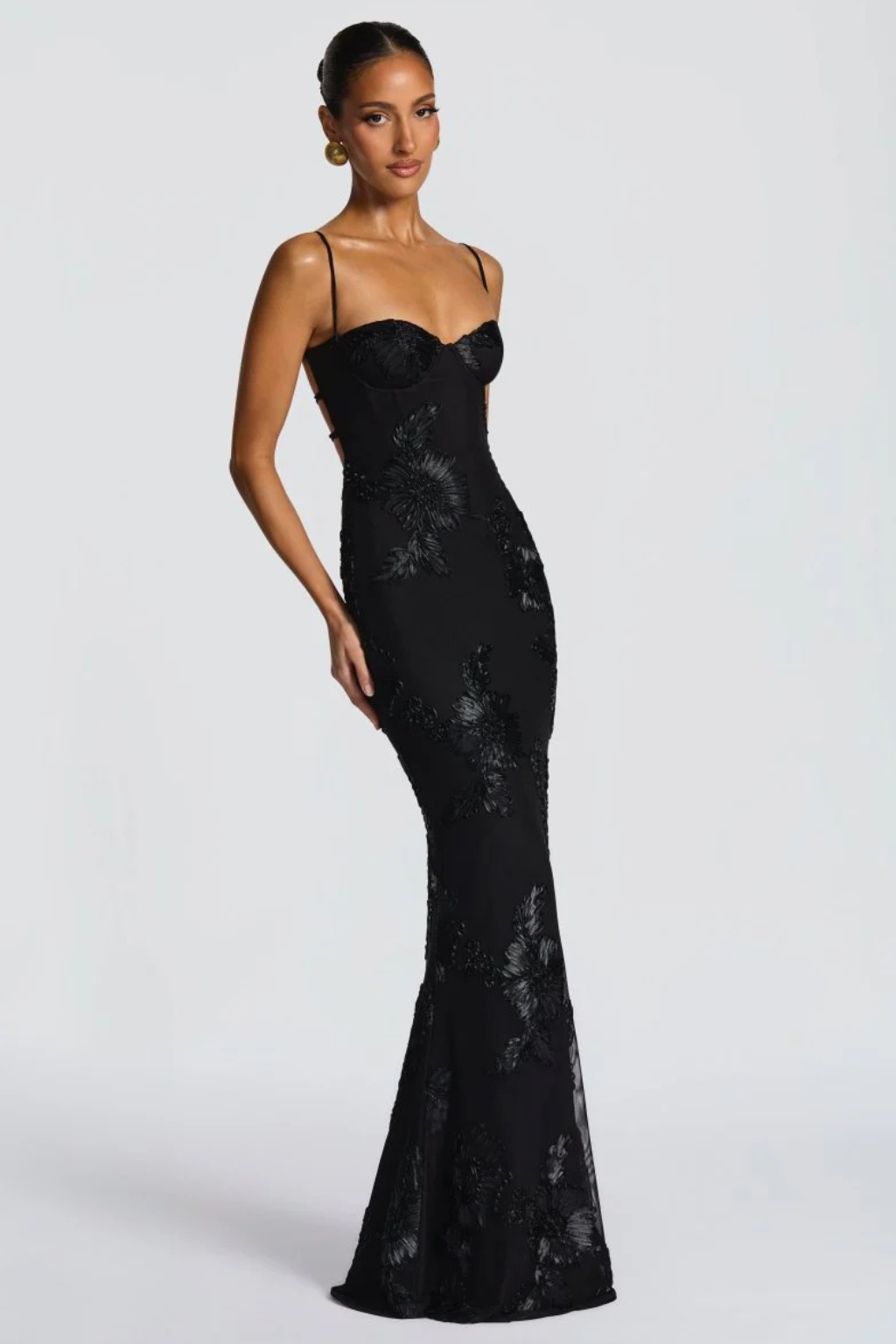 Floral embroidered corset maxi dress with spaghetti straps and lace-up open back - view 7