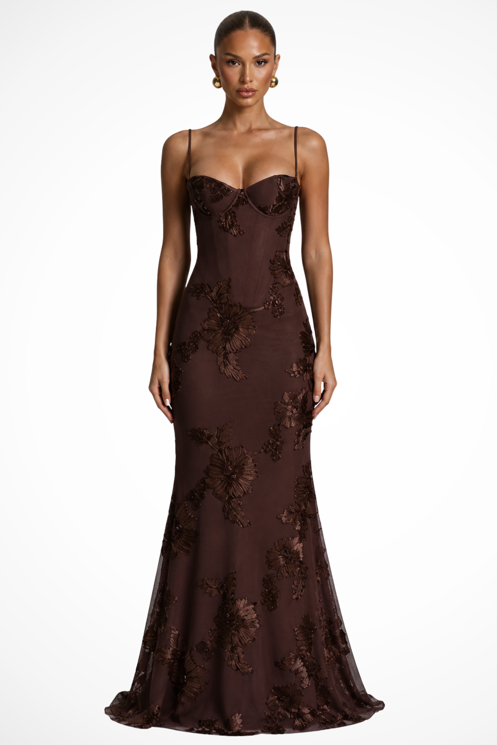 Floral embroidered corset maxi dress with spaghetti straps and lace-up open back - view 9