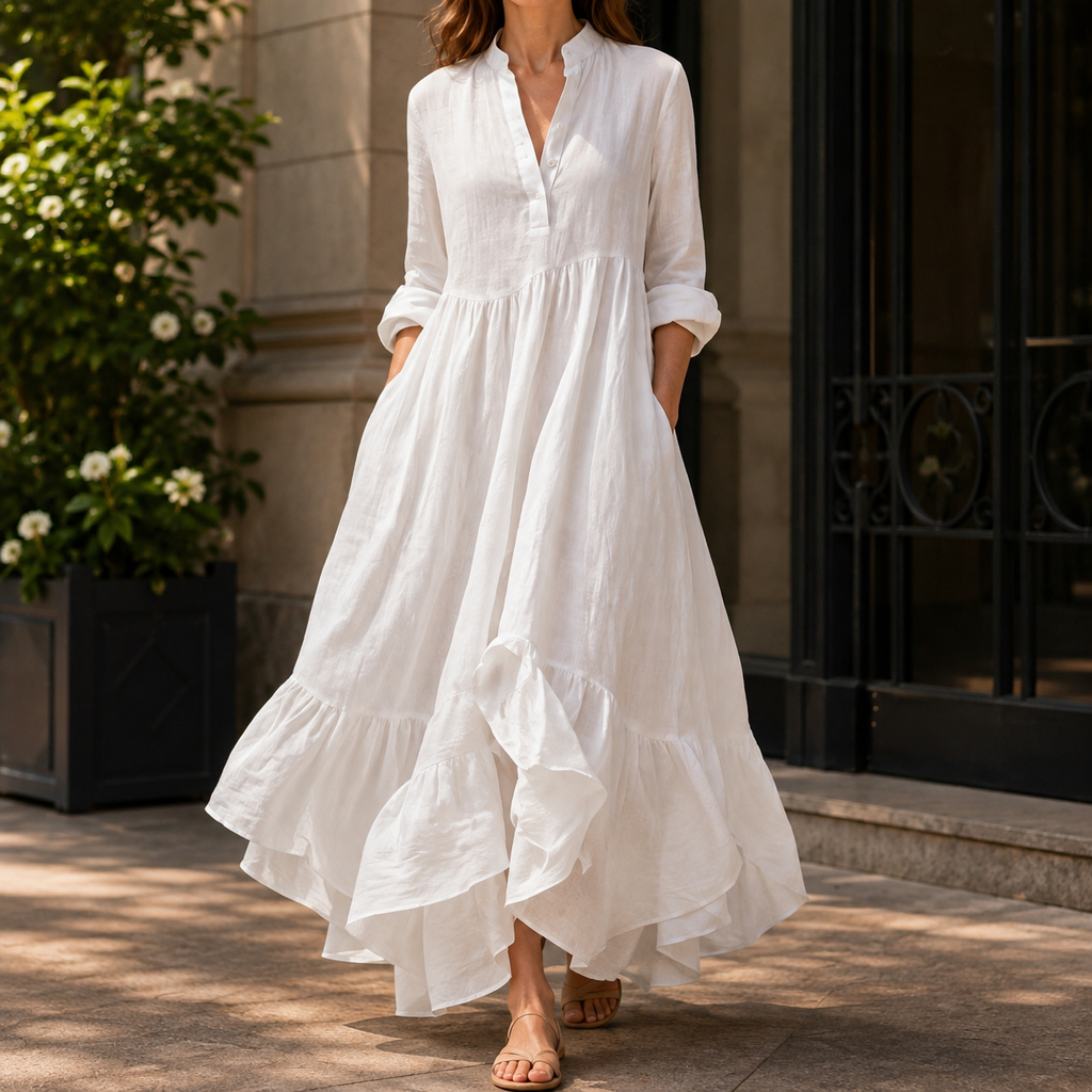 Woman wearing a long sleeve maxi dress with band collar, button placket and asymmetric ruffle hem