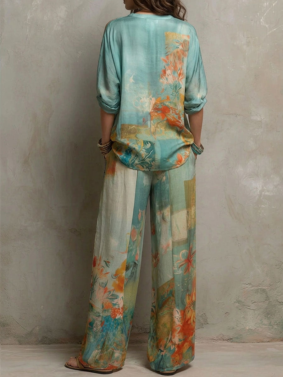 Annabelle | Floral Print V Neck Top and Wide Leg Pants Set