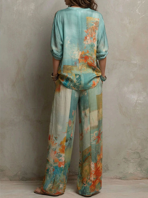 Annabelle | Floral Print V Neck Top and Wide Leg Pants Set