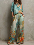 Annabelle | Floral Print V Neck Top and Wide Leg Pants Set