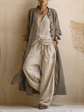 Odile draped top, duster and wide-leg trouser three-piece set — front view