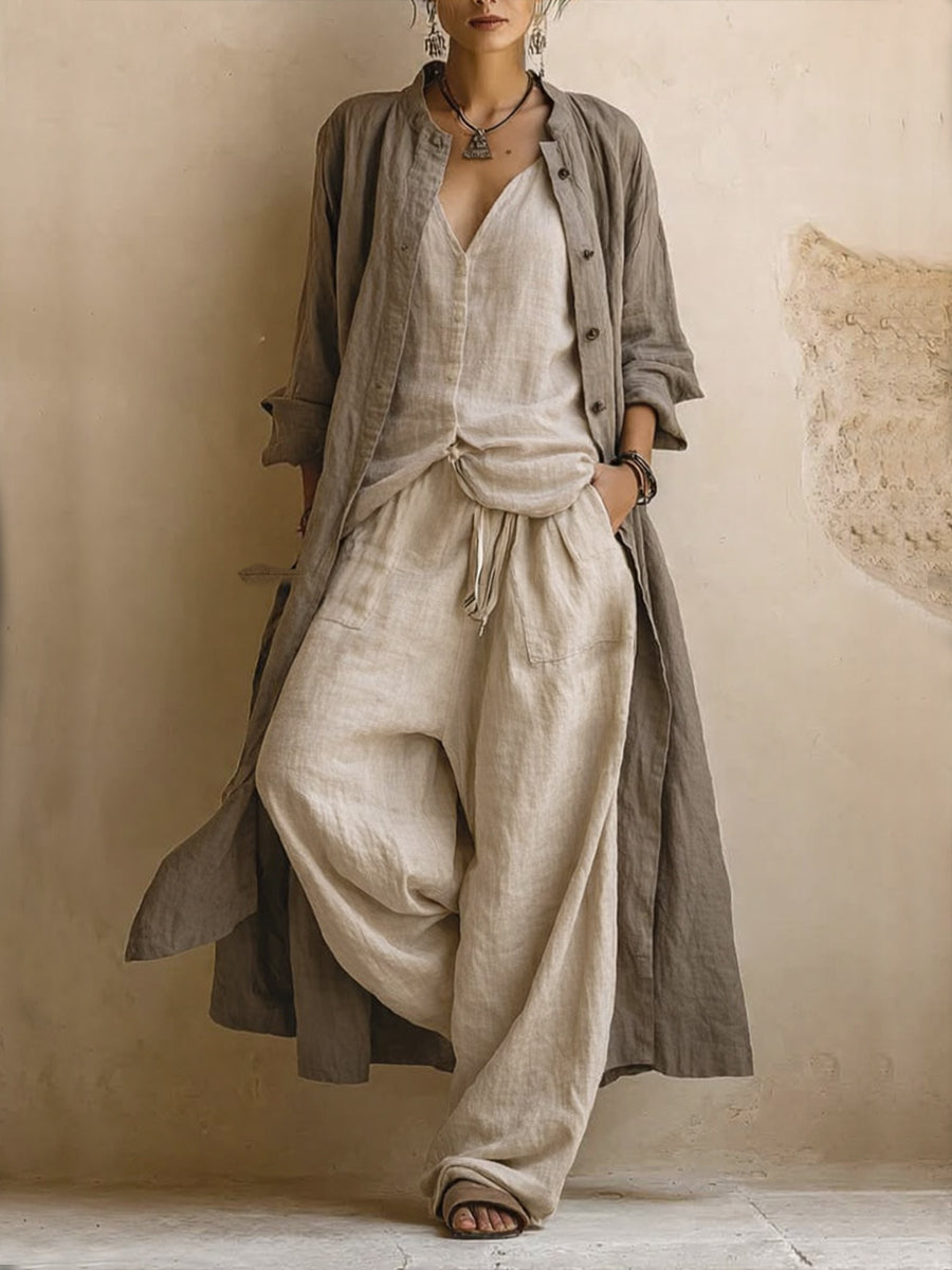 Odile draped top, duster and wide-leg trouser three-piece set — front view