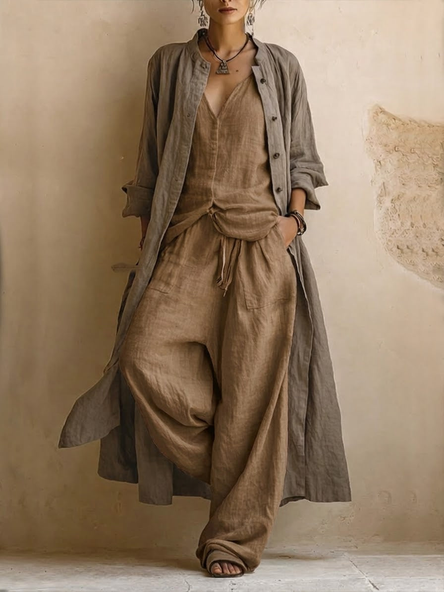 Odile draped top, duster and wide-leg trouser three-piece set — back view