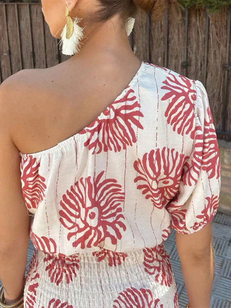 Paloma one-shoulder smocked mini dress in cream with red abstract print - view 3
