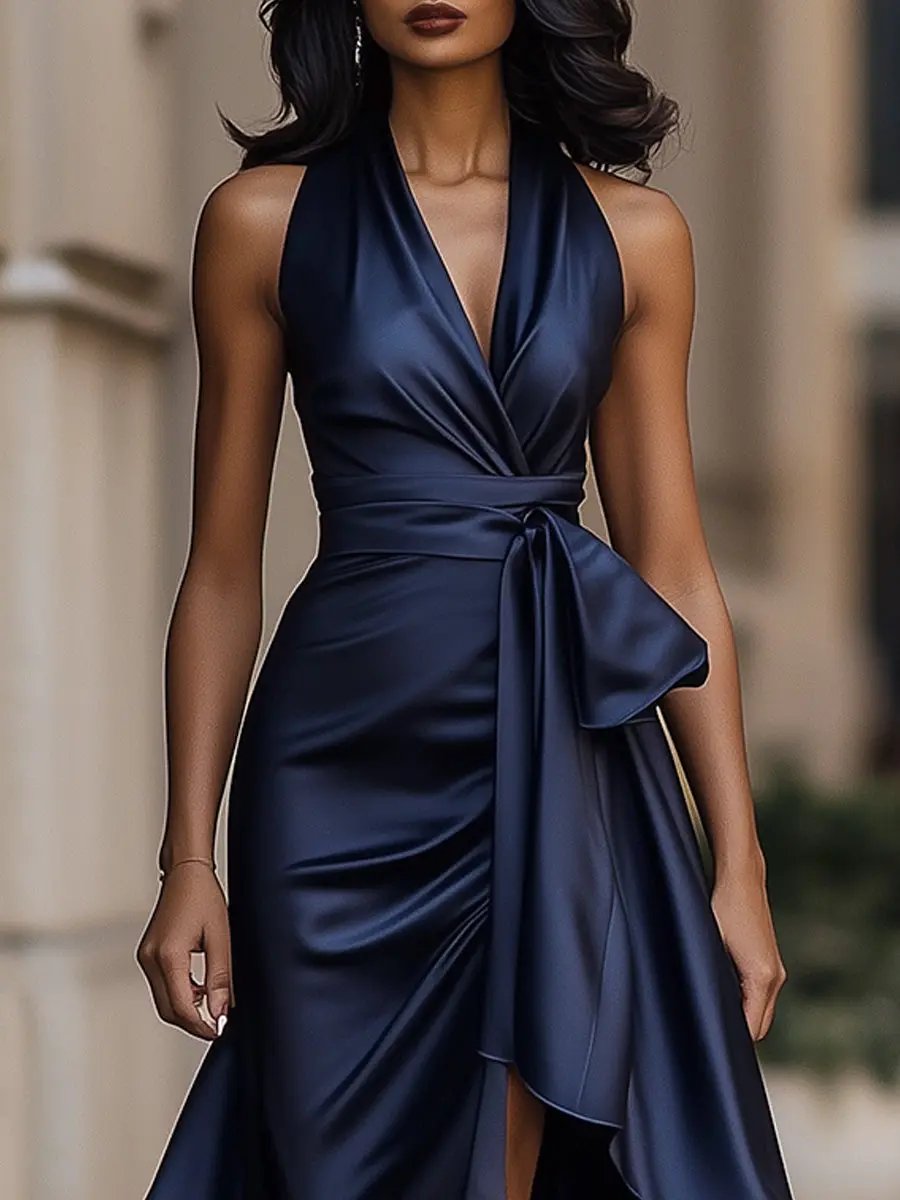 Satin halter maxi dress with tie waist bow, front slit and ruffle hem - view 10