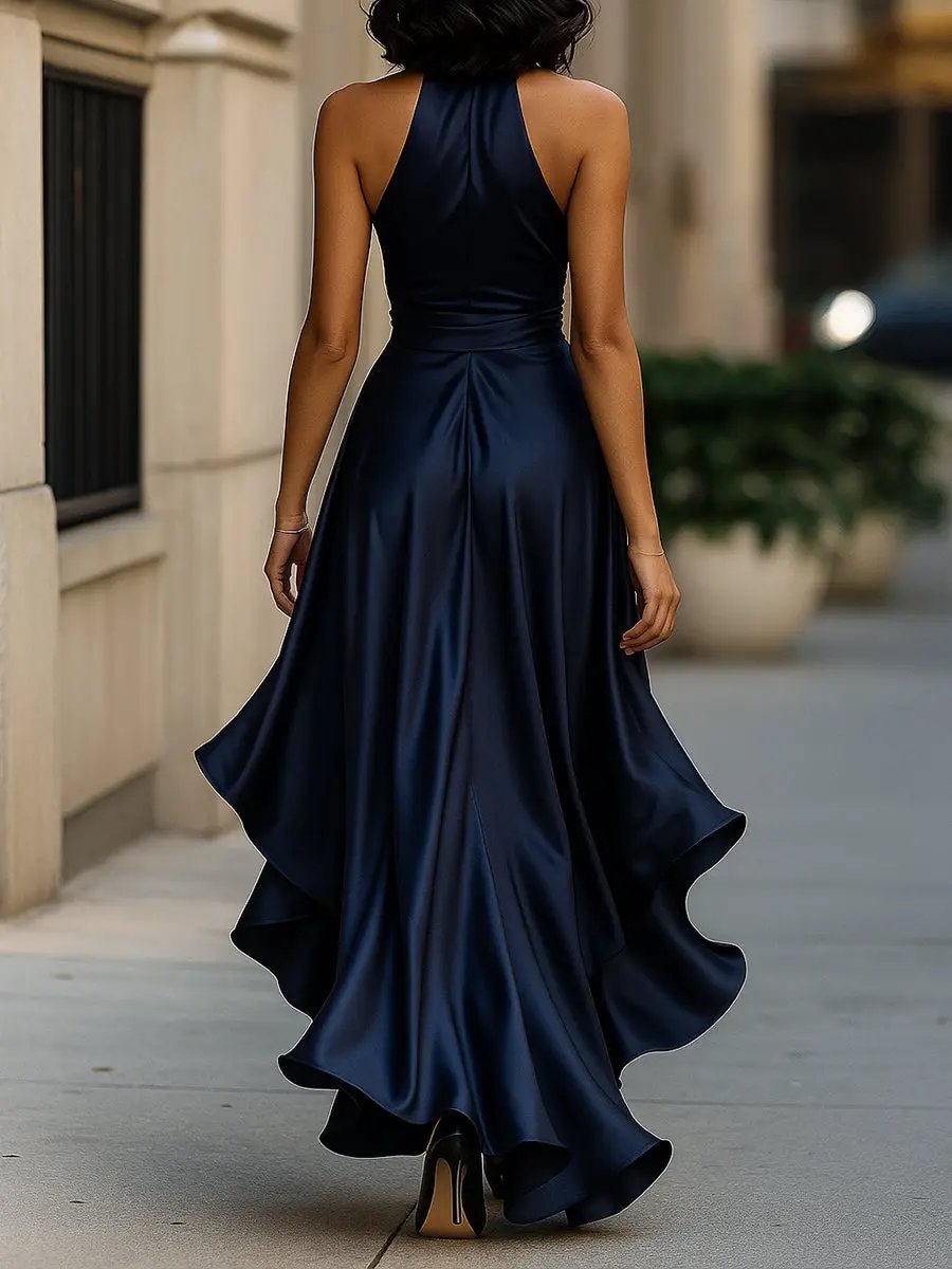 Satin halter maxi dress with tie waist bow, front slit and ruffle hem - view 12