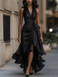 Satin halter maxi dress with tie waist bow, front slit and ruffle hem - view 2