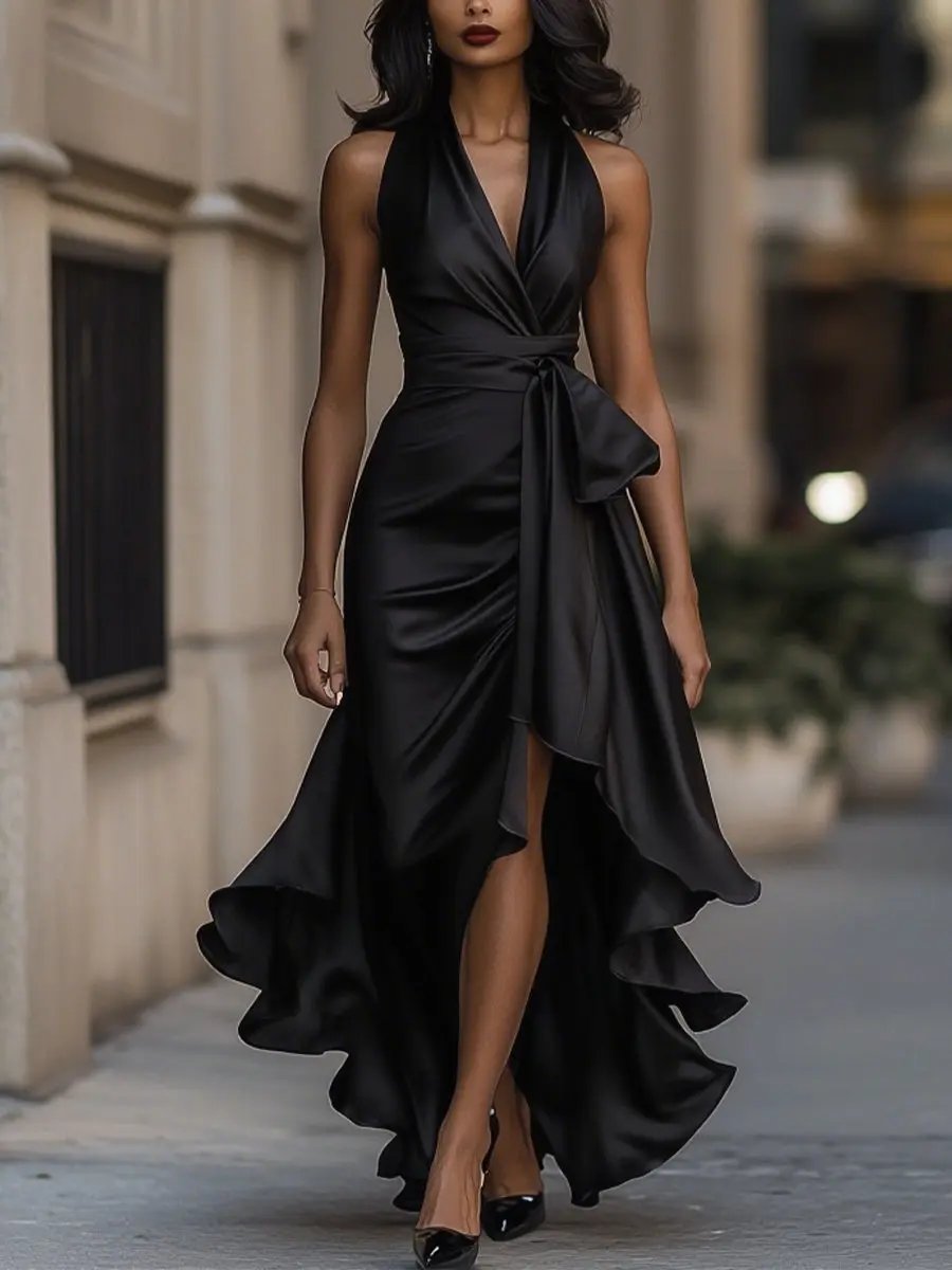 Satin halter maxi dress with tie waist bow, front slit and ruffle hem - view 2