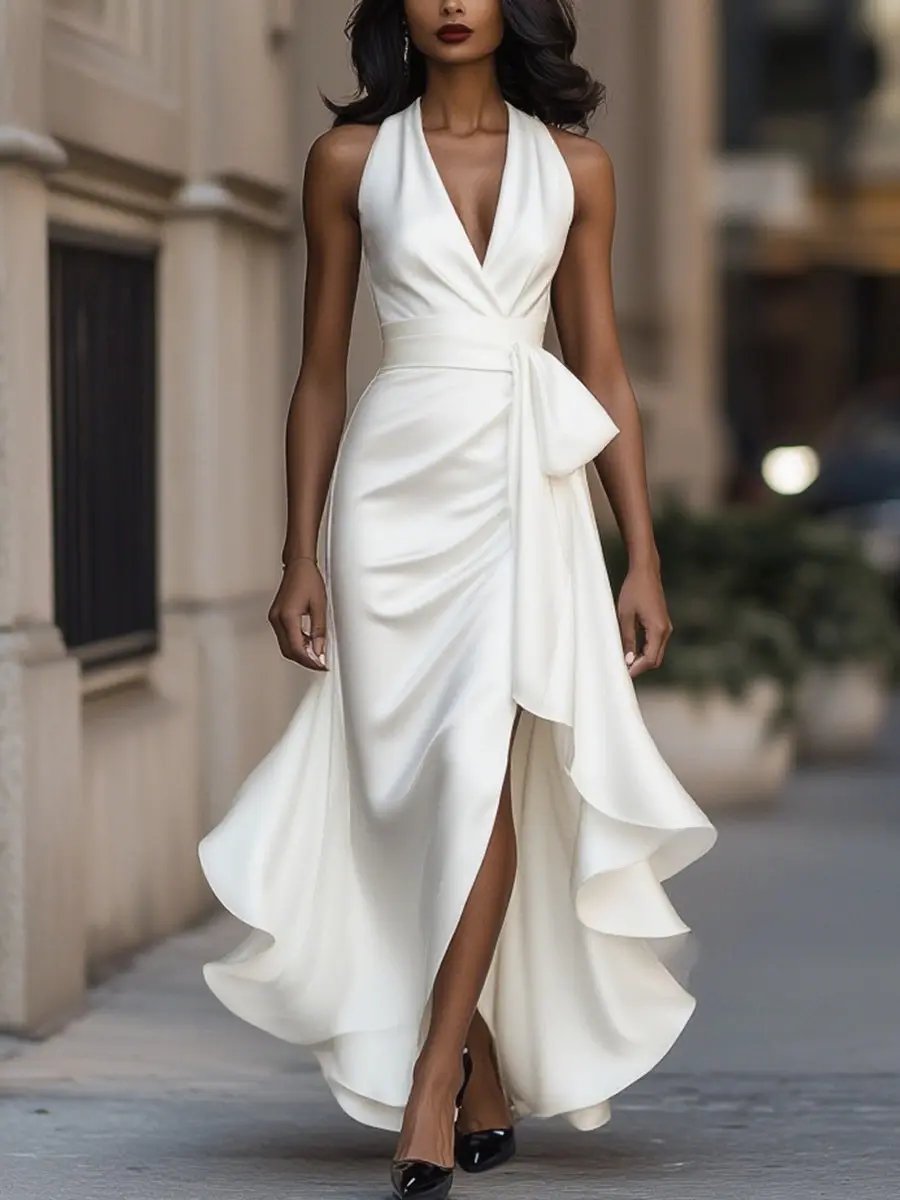 Satin halter maxi dress with tie waist bow, front slit and ruffle hem - view 3