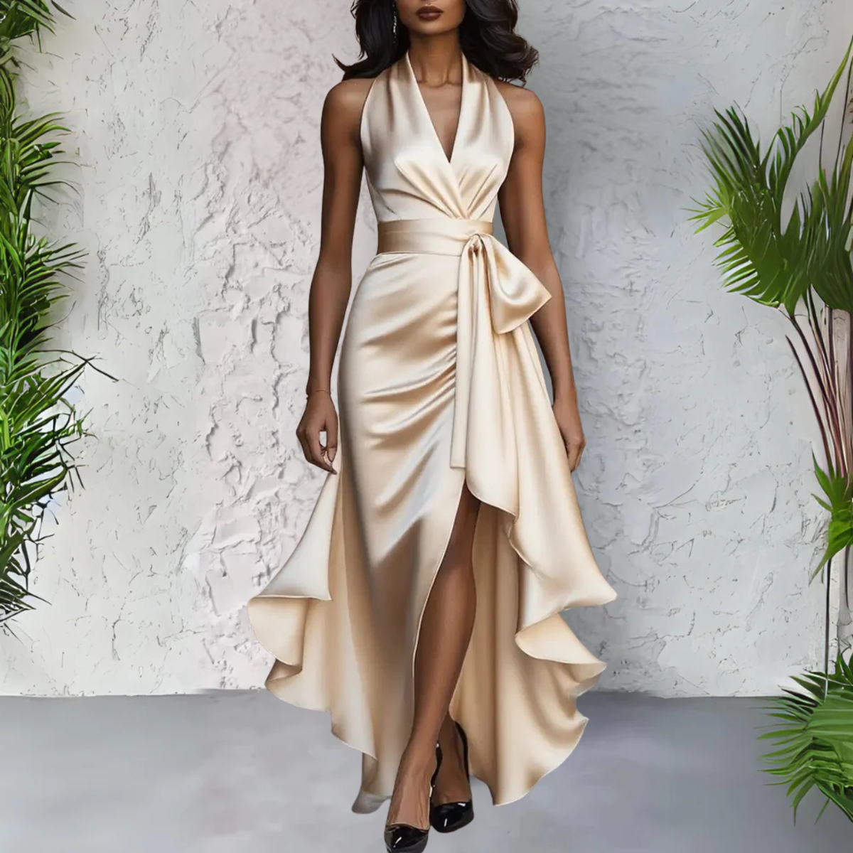 Satin halter maxi dress with tie waist bow, front slit and ruffle hem - view 4