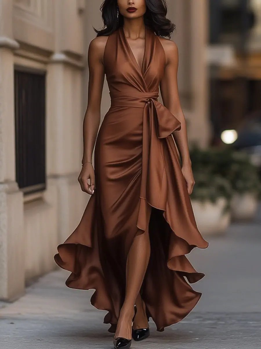 Satin halter maxi dress with tie waist bow, front slit and ruffle hem - view 6