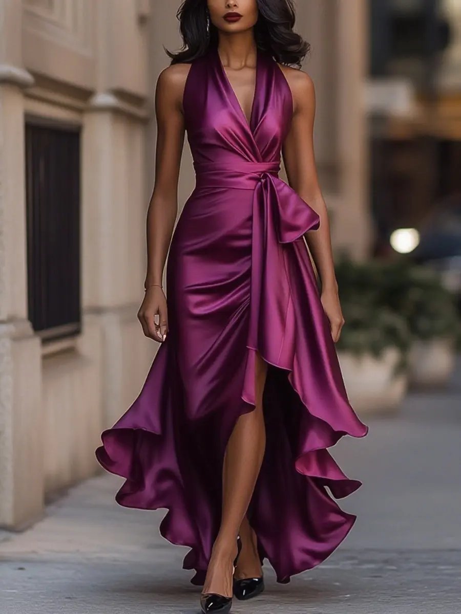 Satin halter maxi dress with tie waist bow, front slit and ruffle hem - view 7