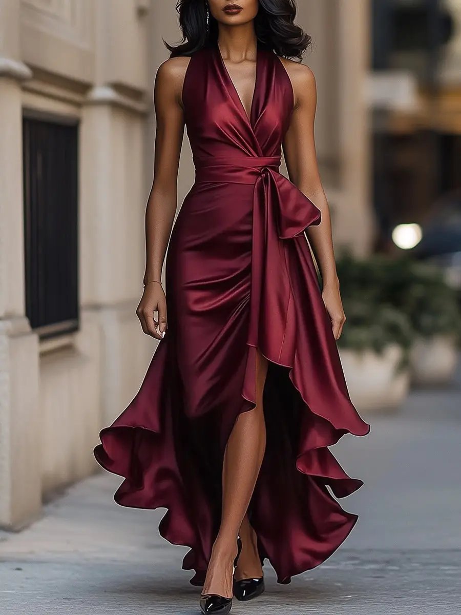 Satin halter maxi dress with tie waist bow, front slit and ruffle hem - view 8