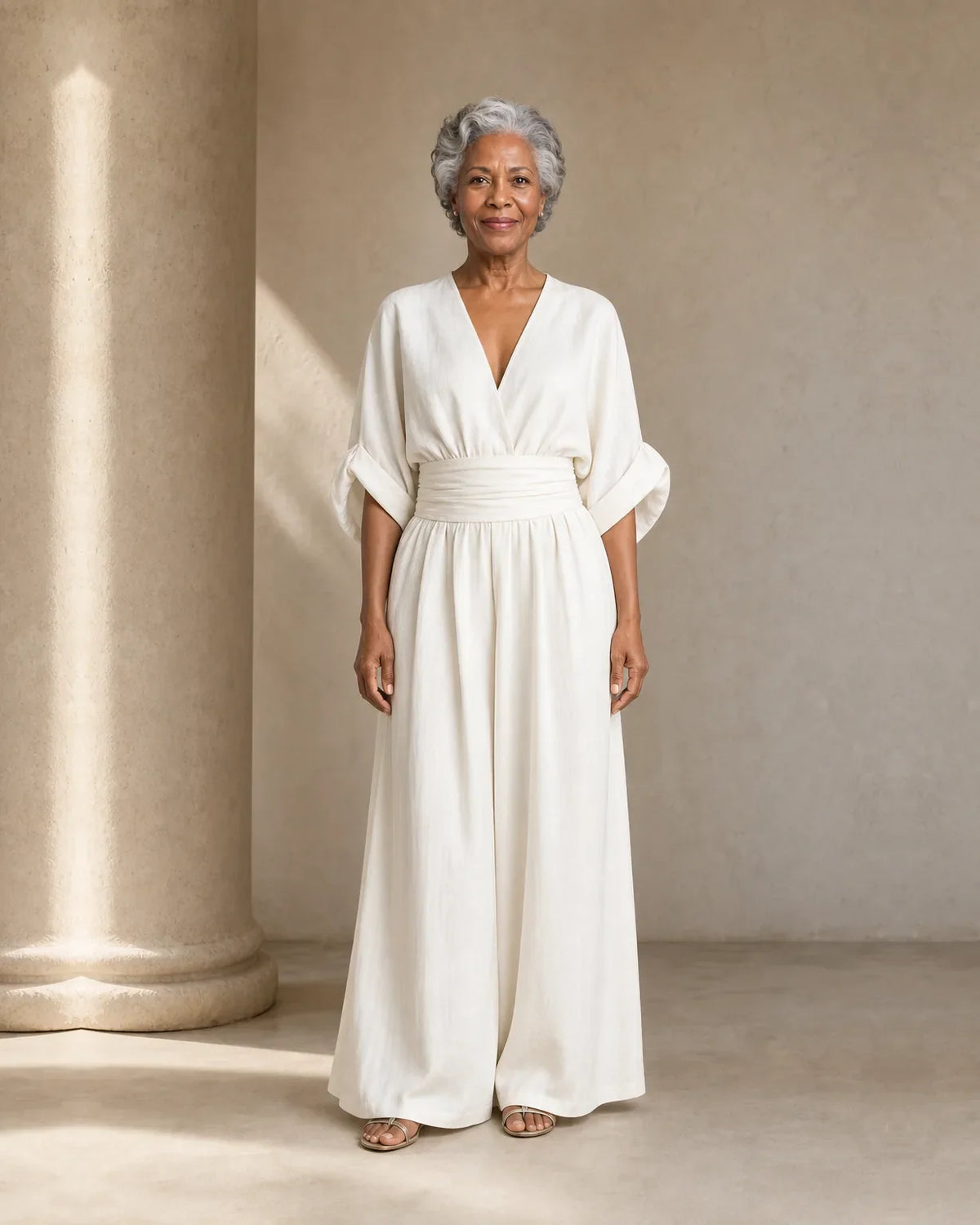 Women's wrap V-neck jumpsuit with kimono sleeves, banded waist and wide legs