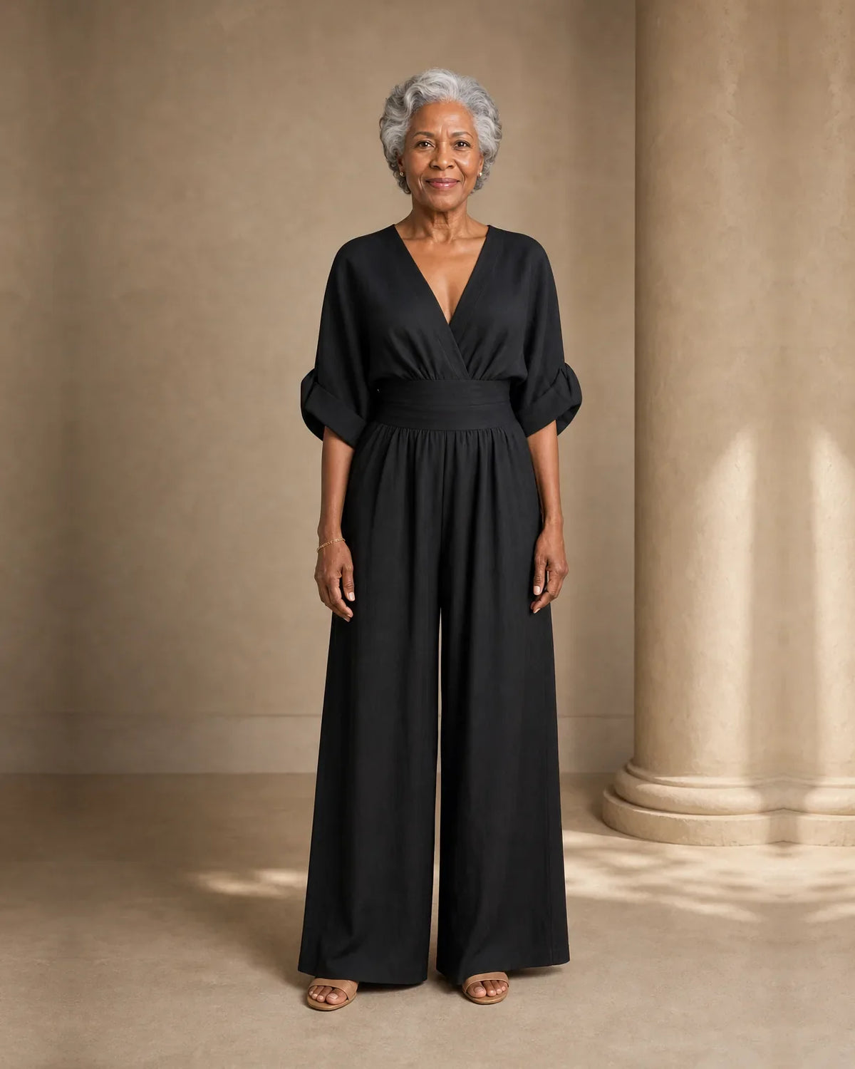 Women's wrap V-neck jumpsuit with kimono sleeves, banded waist and wide legs - view 2