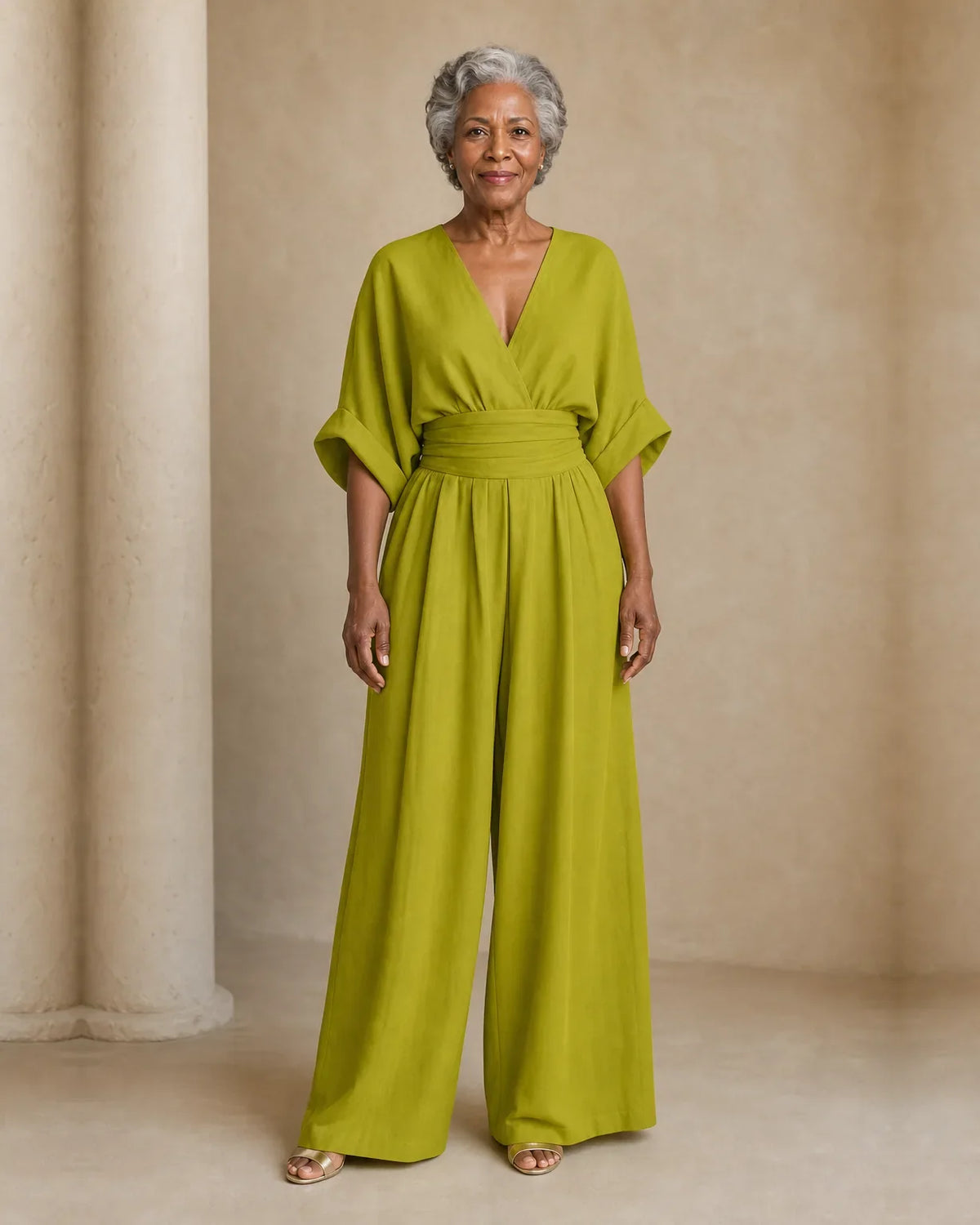 Women's wrap V-neck jumpsuit with kimono sleeves, banded waist and wide legs - view 3
