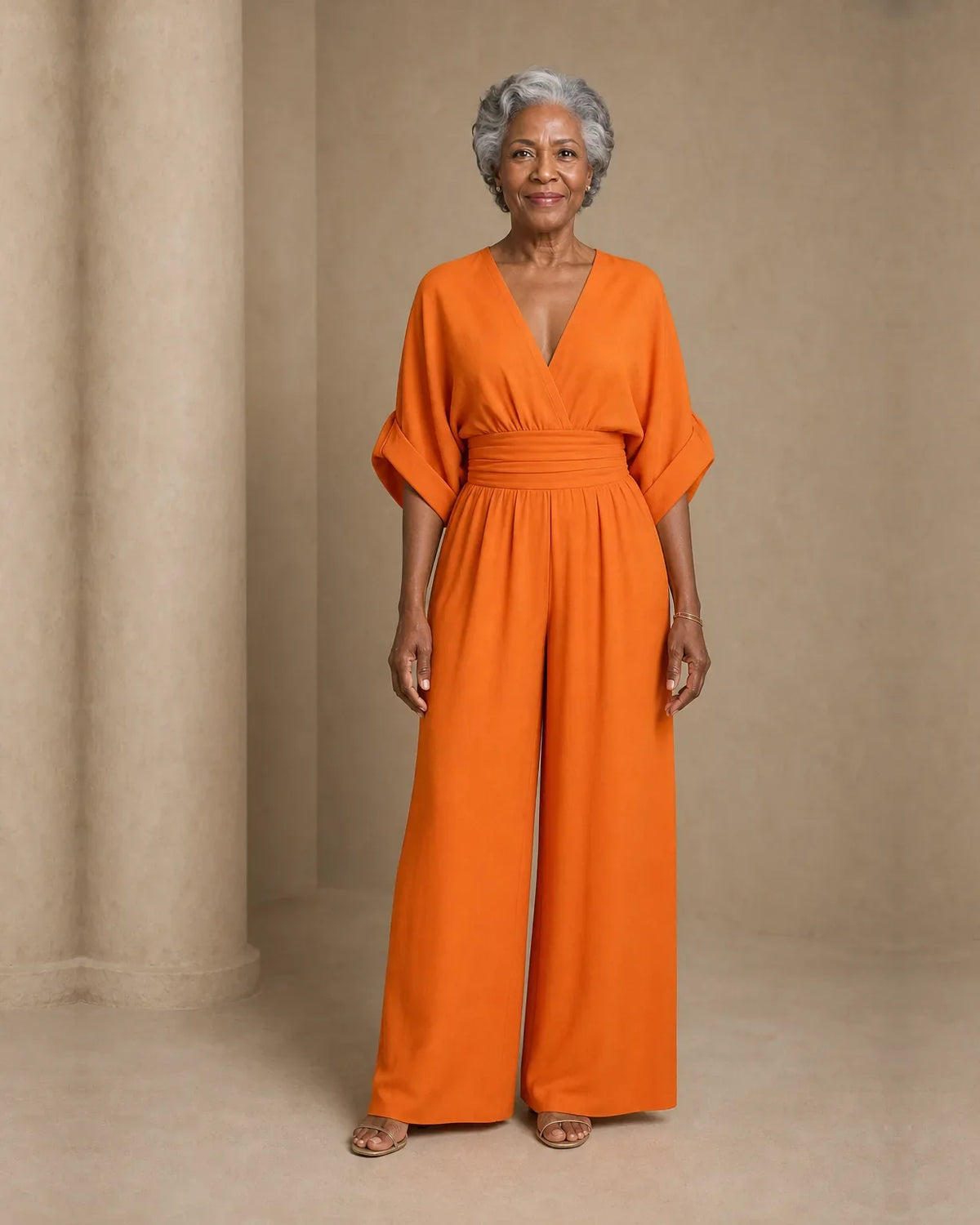 Women's wrap V-neck jumpsuit with kimono sleeves, banded waist and wide legs - view 4
