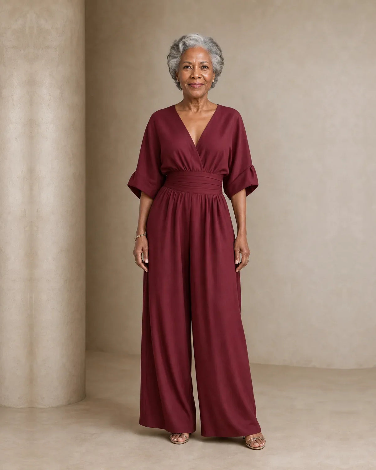 Women's wrap V-neck jumpsuit with kimono sleeves, banded waist and wide legs - view 5