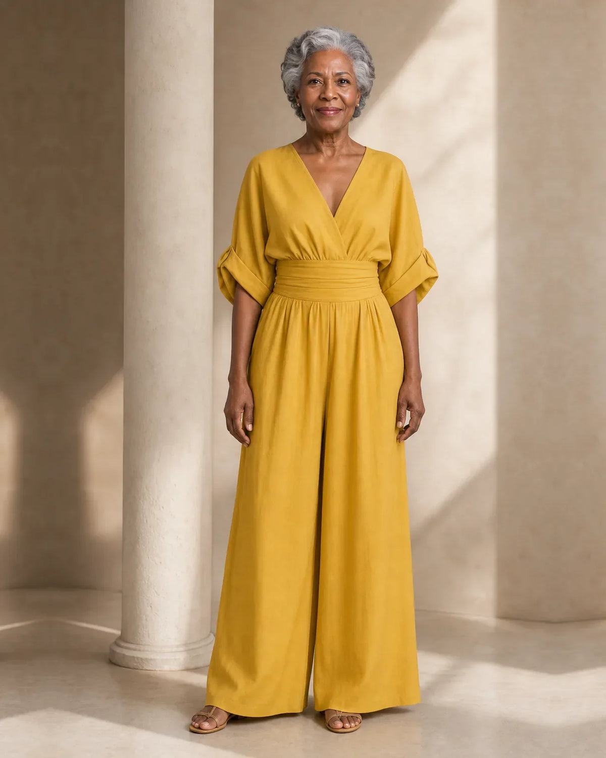 Women's wrap V-neck jumpsuit with kimono sleeves, banded waist and wide legs - view 6