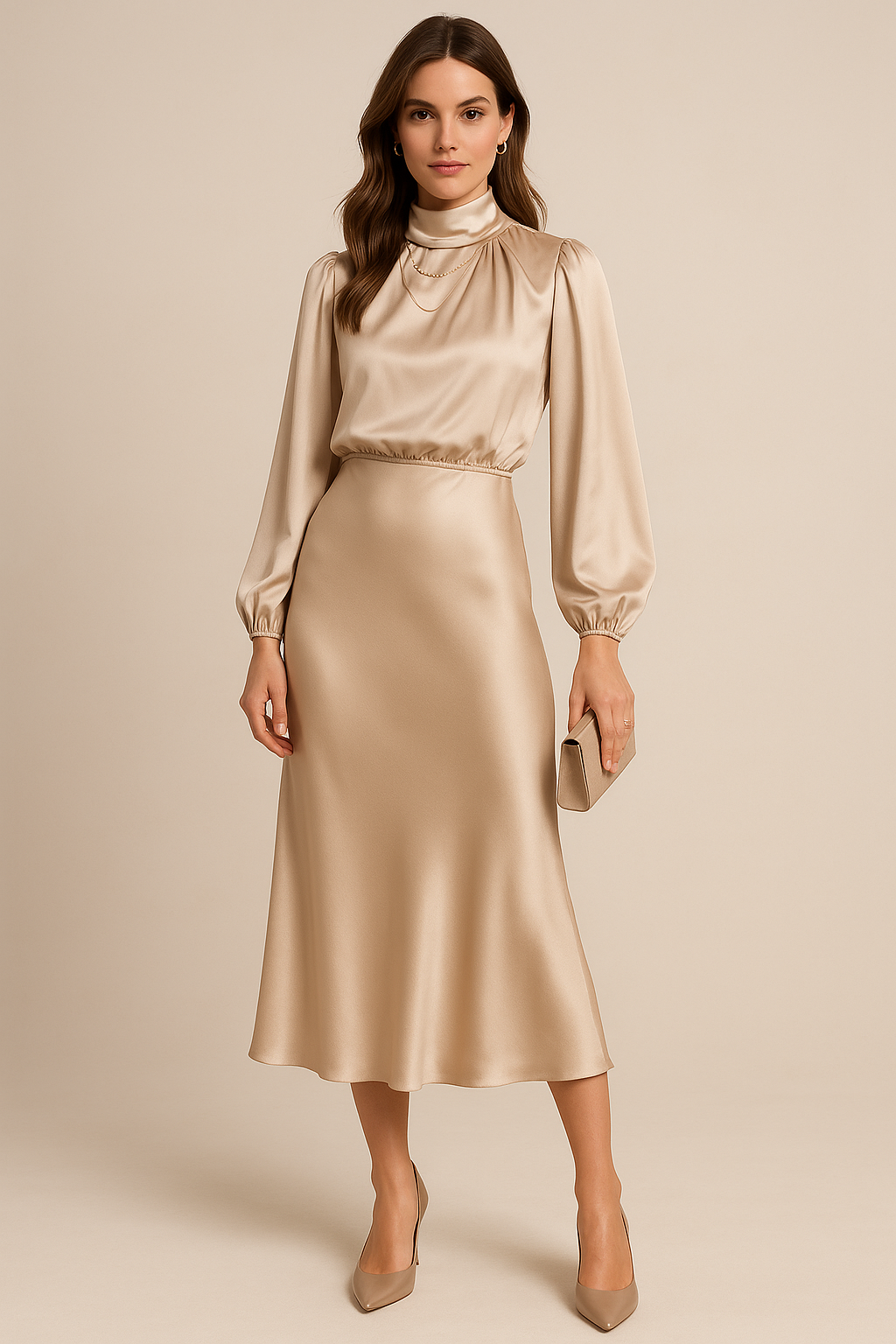 Woman wearing a long sleeve satin midi dress with a high draped neck