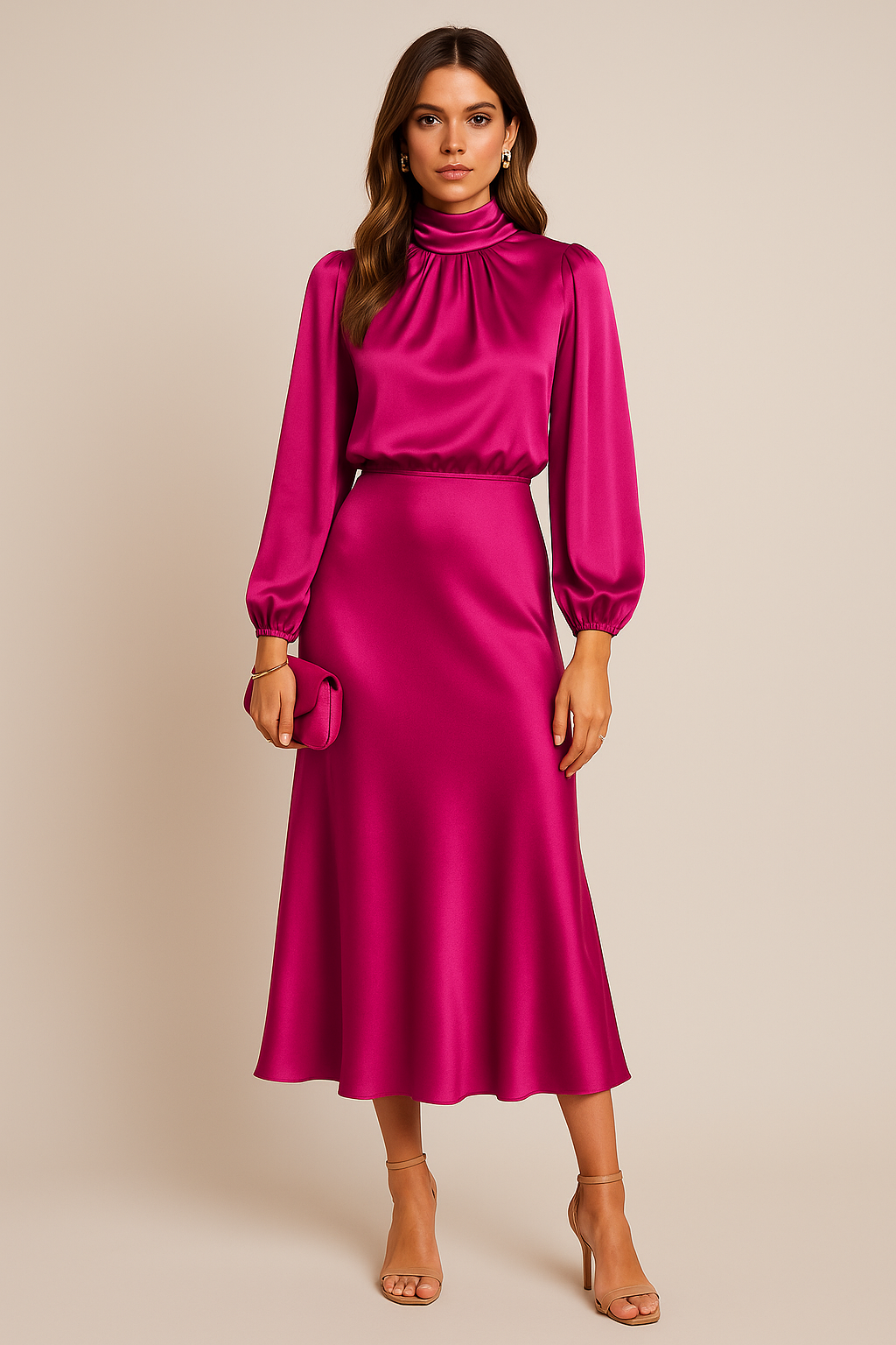 Woman wearing a long sleeve satin midi dress with a high draped neck - view 16