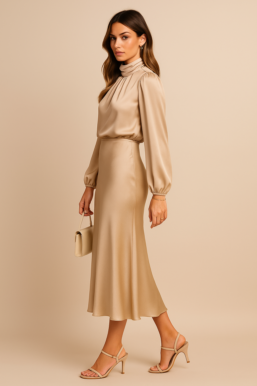 Woman wearing a long sleeve satin midi dress with a high draped neck - view 2