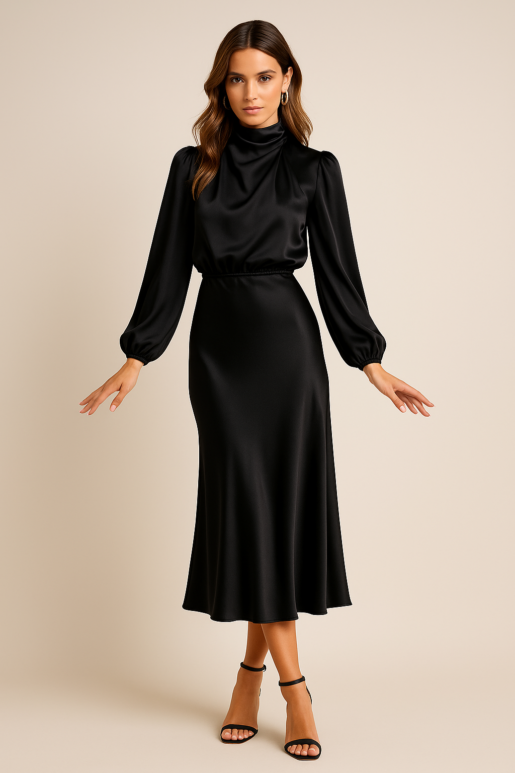 Woman wearing a long sleeve satin midi dress with a high draped neck - view 3