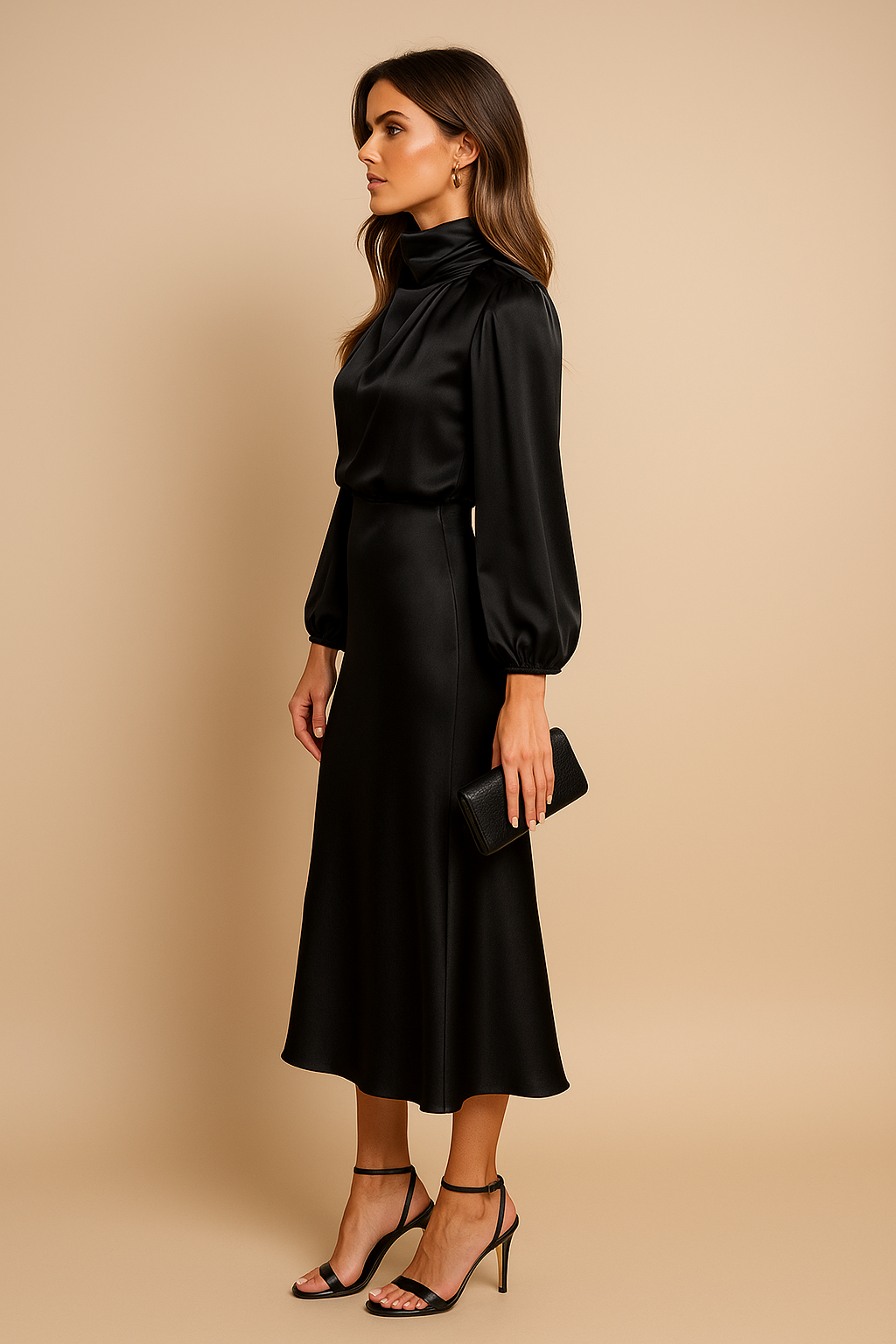Woman wearing a long sleeve satin midi dress with a high draped neck - view 4