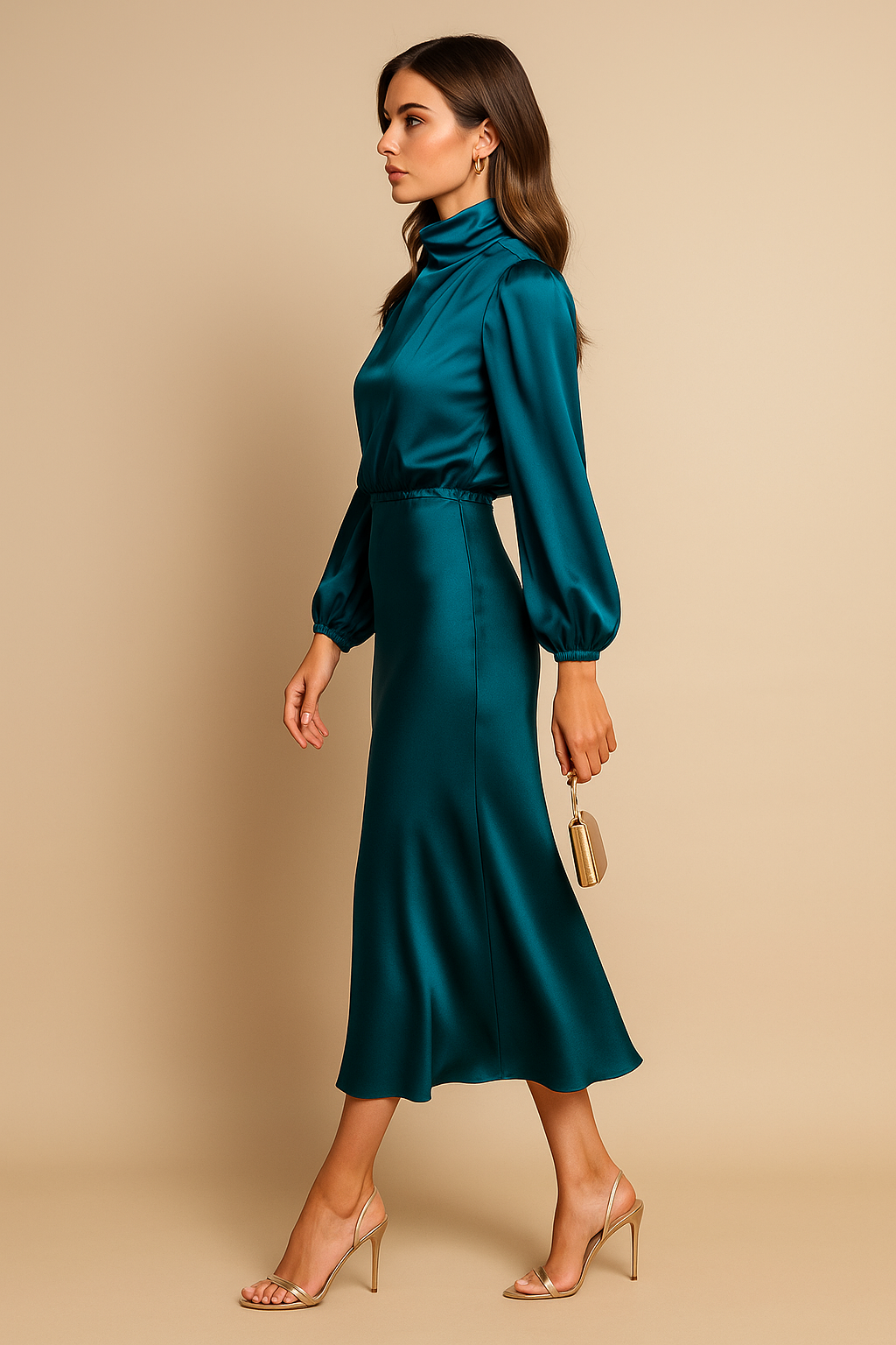 Woman wearing a long sleeve satin midi dress with a high draped neck - view 5