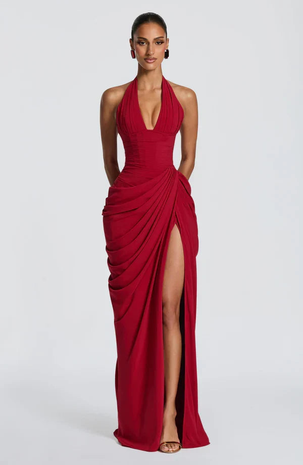 Draped halter maxi dress with ruched corset bodice and thigh split