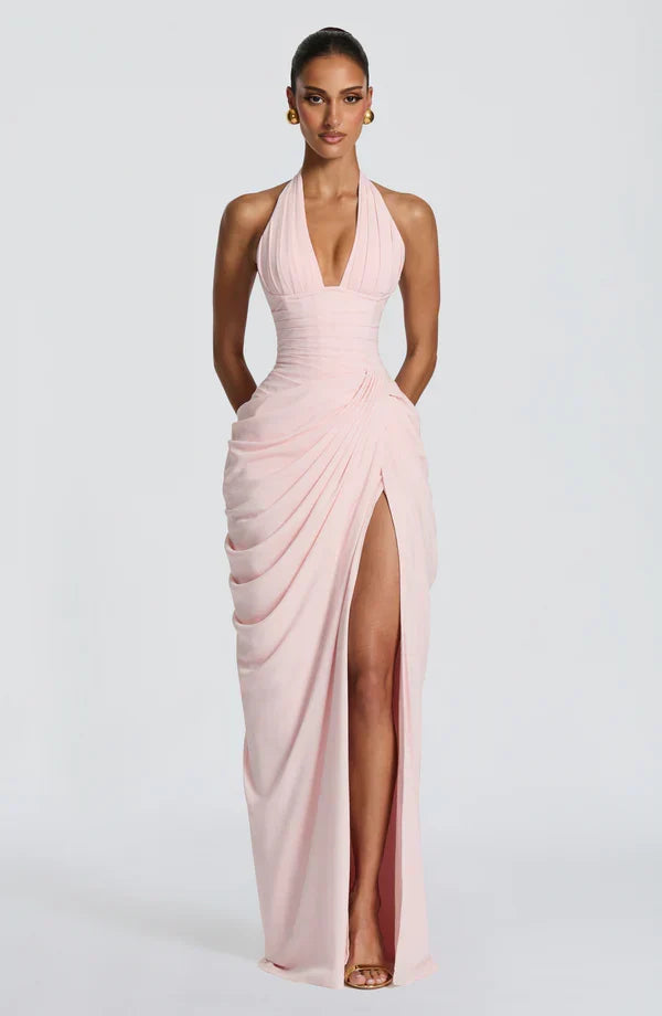Draped halter maxi dress with ruched corset bodice and thigh split - view 12