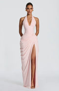 Draped halter maxi dress with ruched corset bodice and thigh split - view 12