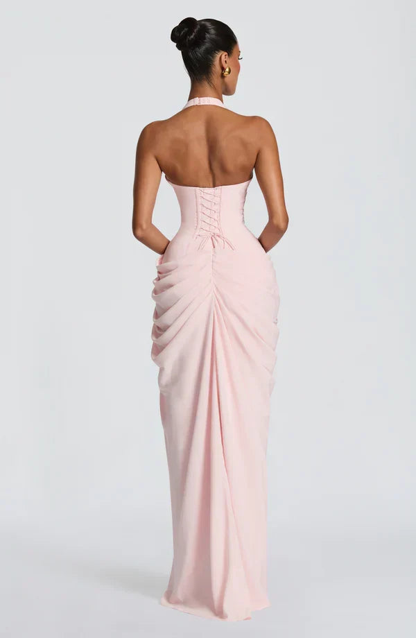 Draped halter maxi dress with ruched corset bodice and thigh split - view 13