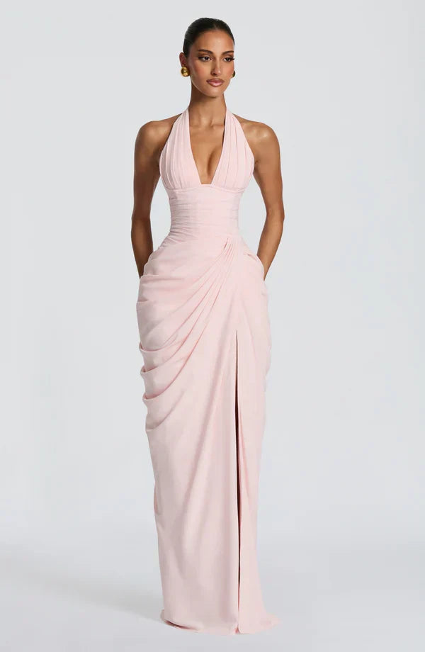 Draped halter maxi dress with ruched corset bodice and thigh split - view 16