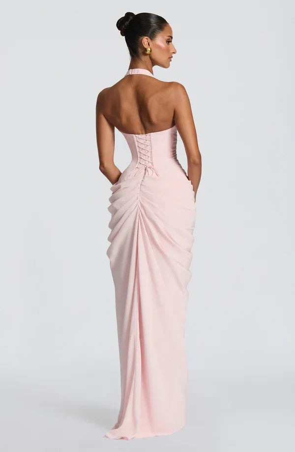 Draped halter maxi dress with ruched corset bodice and thigh split - view 17