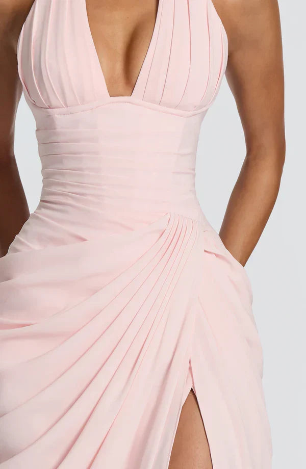 Draped halter maxi dress with ruched corset bodice and thigh split - view 18