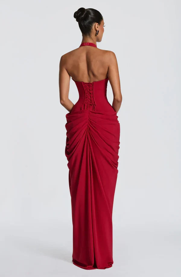 Draped halter maxi dress with ruched corset bodice and thigh split - view 2