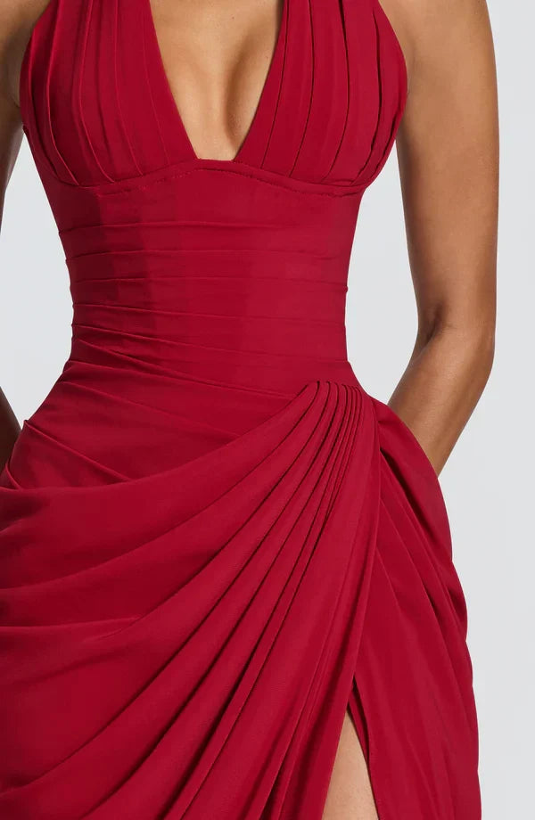 Draped halter maxi dress with ruched corset bodice and thigh split - view 5
