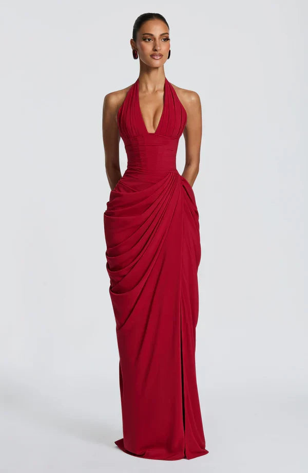 Draped halter maxi dress with ruched corset bodice and thigh split - view 6