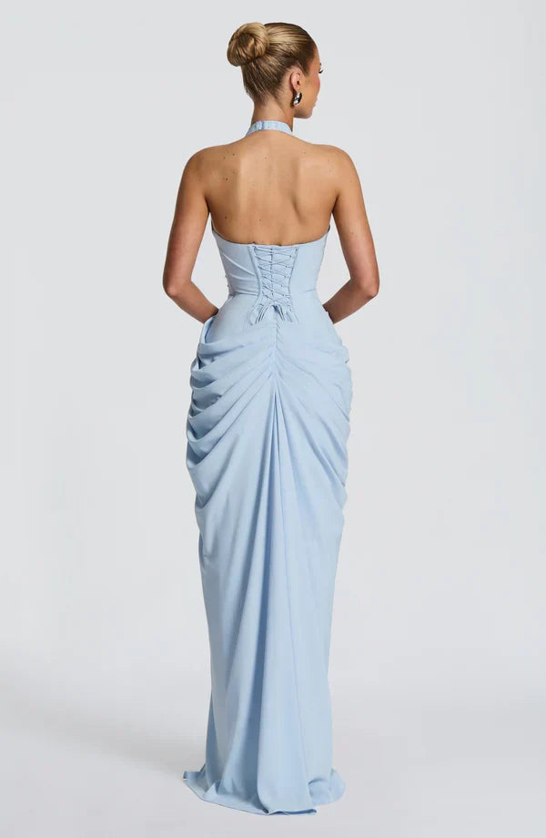 Draped halter maxi dress with ruched corset bodice and thigh split - view 8