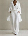 Women's three piece set with V-neck top, drawstring wide leg pants and long open-front cover-up