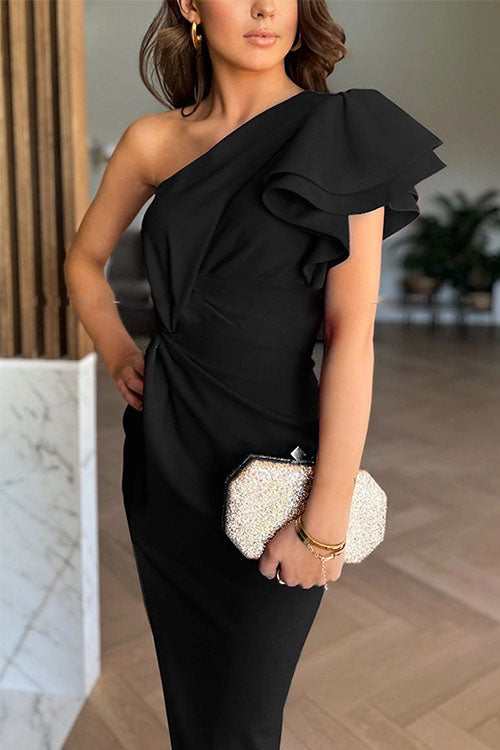 Woman wearing a one-shoulder ruffle midi dress with twist waist and thigh split - view 10