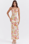 Floral satin maxi dress with sweetheart bustier bodice and spaghetti straps